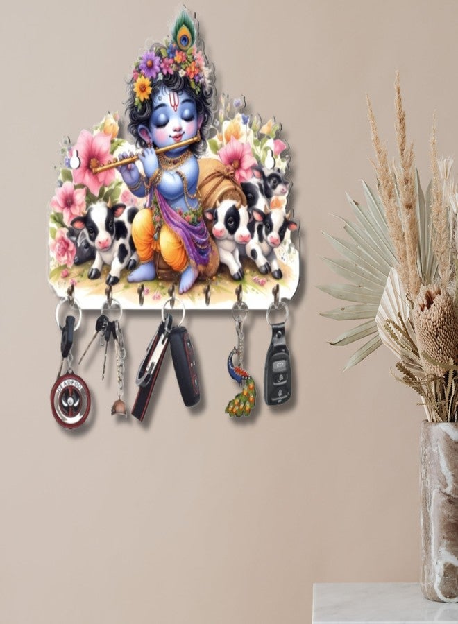 APS ART PLUS STORE حامل مفاتيح خشبي مزخرف لطيف على شكل كريشنا يعزف على الناي، يُثبت على الحائط، 7 خطافات، بنقشة زهور وأبقار، متعدد الألوان، 10 × 10 بوصة، من متجر APS ART PLUS - Image 3
